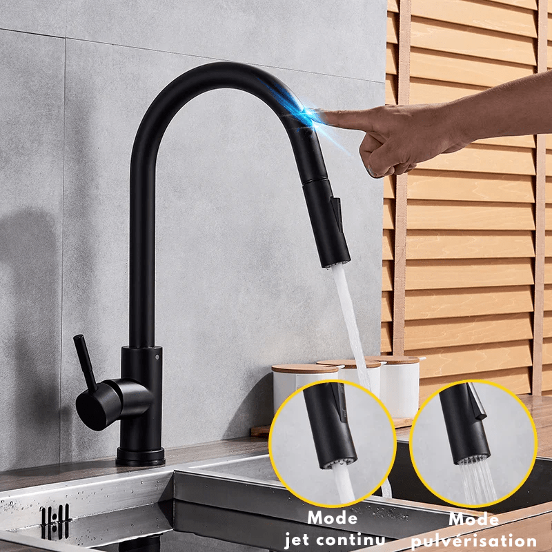 Mitigeur tactile cuisine noir – détection sans contact, double jet, levier monocommande - Focett
