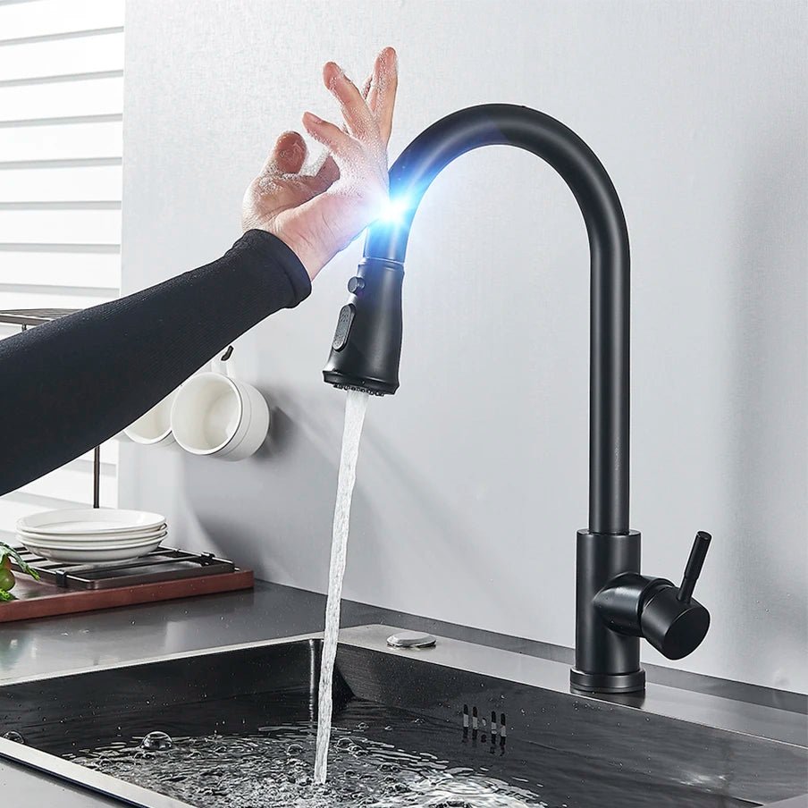 Mitigeur tactile cuisine noir – détection sans contact, double jet, levier monocommande - Focett