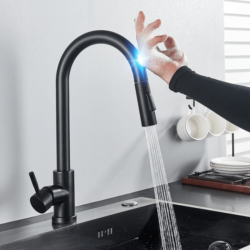 Mitigeur tactile cuisine noir – détection sans contact, double jet, levier monocommande - Focett