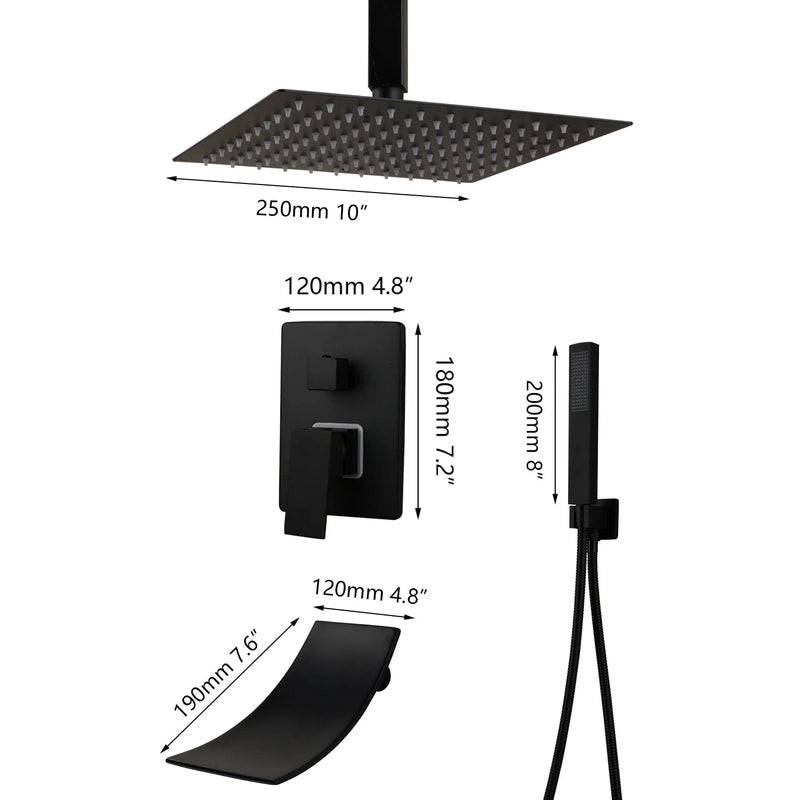 Colonne de Douche Encastrable Noir Mat – Ciel de douche Pluie 25cm-40cm” & Robinet Cascade en Laiton avec Mélangeur Douche/Bain et Pommeau Carré Pluie