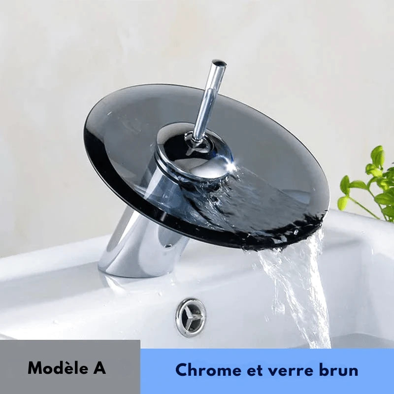 Mitigeur de lavabo noir cascade en verre – laiton massif, jet visuel apaisant et finition chromée brillante - Focett