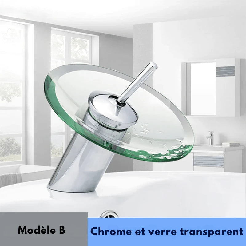 Mitigeur de lavabo noir cascade en verre – laiton massif, jet visuel apaisant et finition chromée brillante - Focett