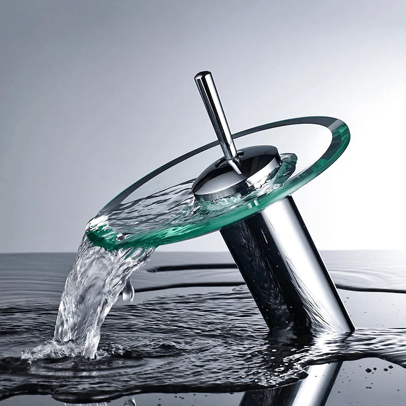 Mitigeur de lavabo noir cascade en verre – laiton massif, jet visuel apaisant et finition chromée brillante - Focett