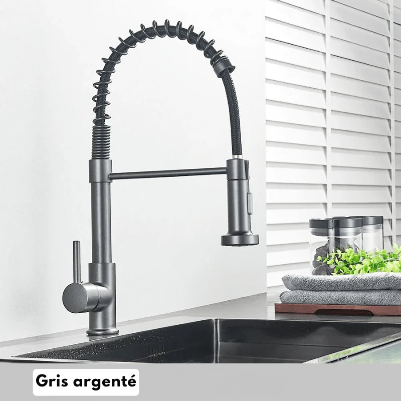 Robinet mitigeur de cuisine en or brossée ressort en laiton – jet latéral rotatif et poignée unique - Focett