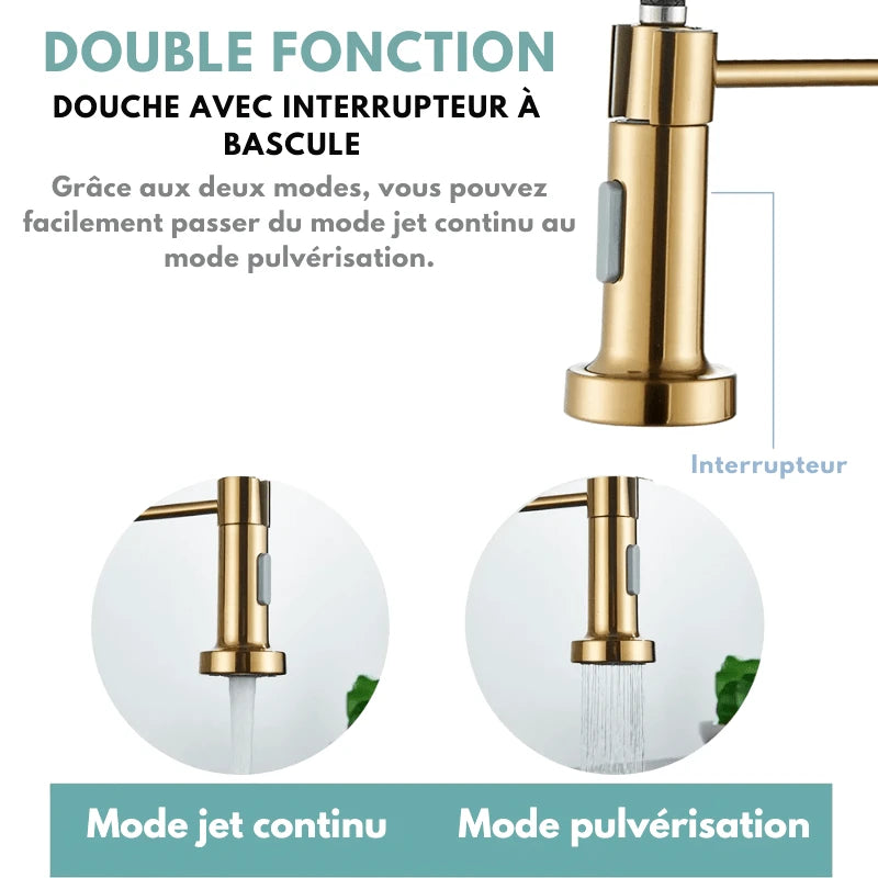 Robinet mitigeur de cuisine en or brossée ressort en laiton – jet latéral rotatif et poignée unique - Focett
