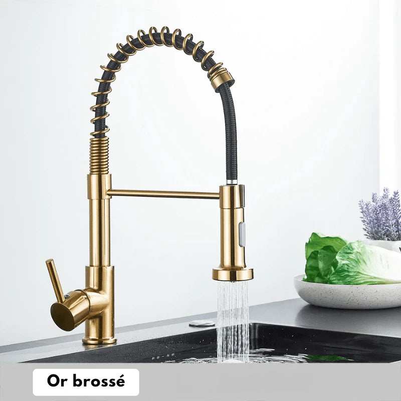 Robinet mitigeur de cuisine en or brossée ressort en laiton – jet latéral rotatif et poignée unique - Focett
