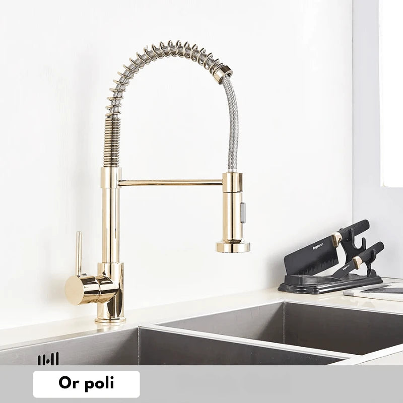 Robinet mitigeur de cuisine en or brossée ressort en laiton – jet latéral rotatif et poignée unique - Focett
