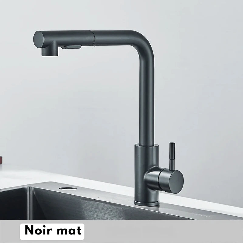 Mitigeur de cuisine extractible noir mat – jet double, bec rotatif 360° et poignée monocommande - Focett