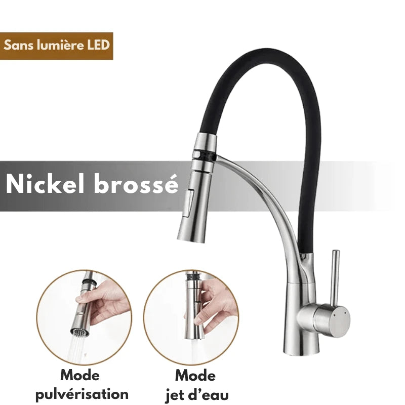 Mitigeur de cuisine en nickel brossé flexible avec bec orientable – laiton massif, douchette extractible - Focett