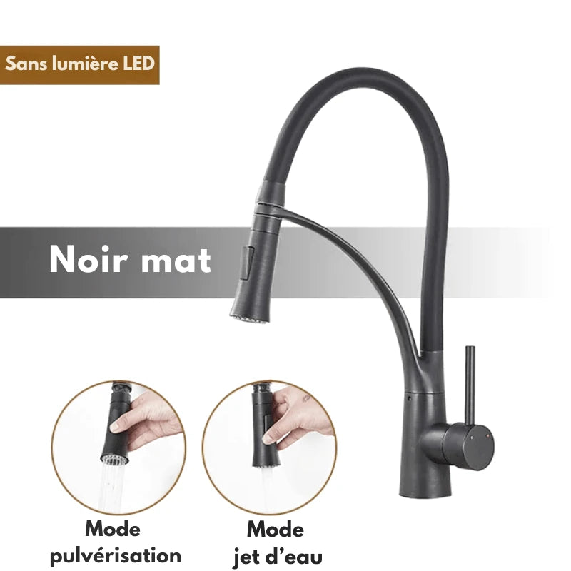 Mitigeur de cuisine en nickel brossé flexible avec bec orientable – laiton massif, douchette extractible - Focett