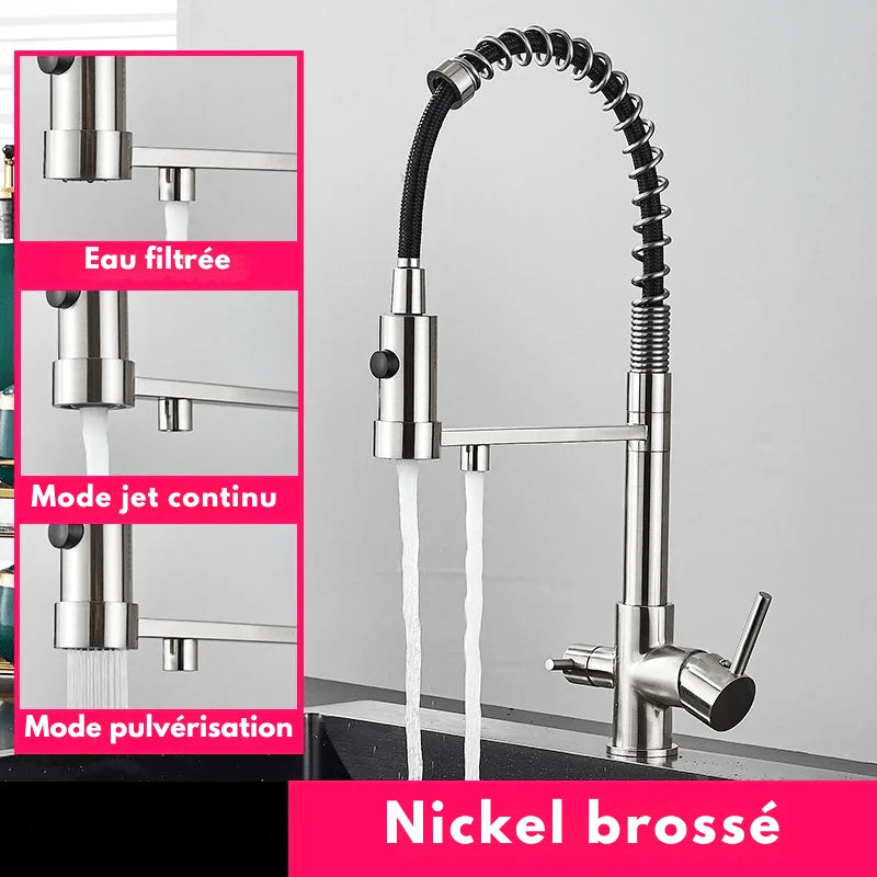 Mitigeur de cuisine noir mat avec bec orientable – Pour eau filtrée et rotation 360° - Focett