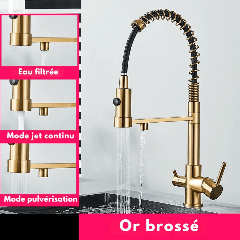 Mitigeur de cuisine noir mat avec bec orientable – Pour eau filtrée et rotation 360° - Focett