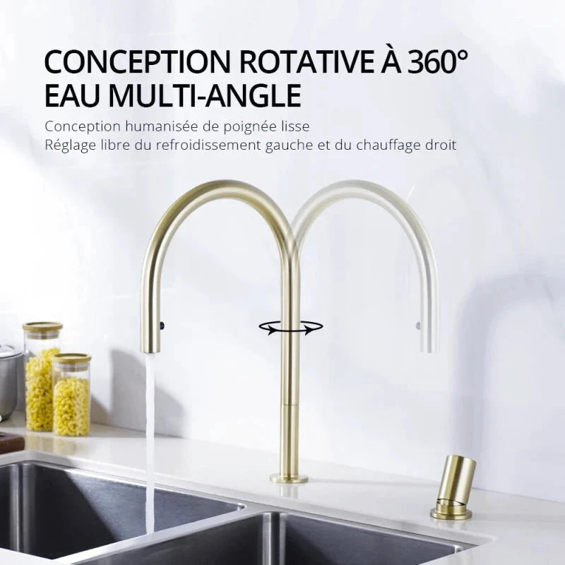 Mitigeur de cuisine or double trou avec bec rétractable – contrôle précis, rotation 360° et finition brossée - Focett