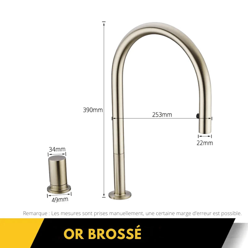Mitigeur de cuisine or double trou avec bec rétractable – contrôle précis, rotation 360° et finition brossée - Focett