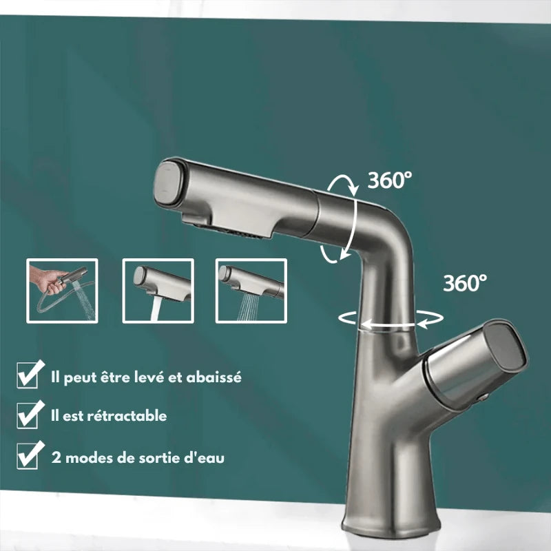 Robinet mitigeur gris effet cascade à bec relevable pour lavabo – écoulement doux, poignée levier et installation facile - Focett