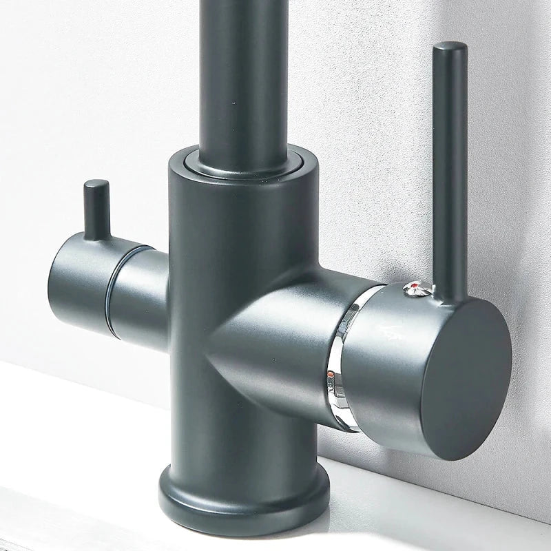 Robinet mitigeur de cuisine noir double sortie avec eau filtrée – laiton massif, rotation 360° et finition chrome poli - Focett