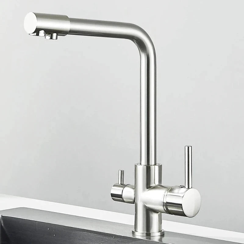 Robinet mitigeur de cuisine noir double sortie avec eau filtrée – laiton massif, rotation 360° et finition chrome poli - Focett