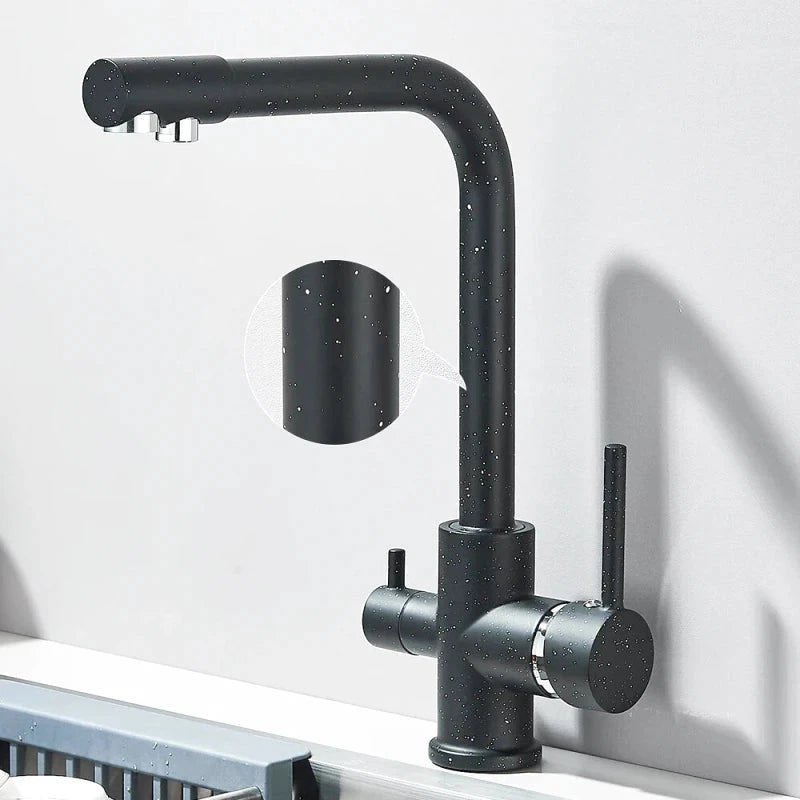 Robinet mitigeur de cuisine noir double sortie avec eau filtrée – laiton massif, rotation 360° et finition chrome poli - Focett
