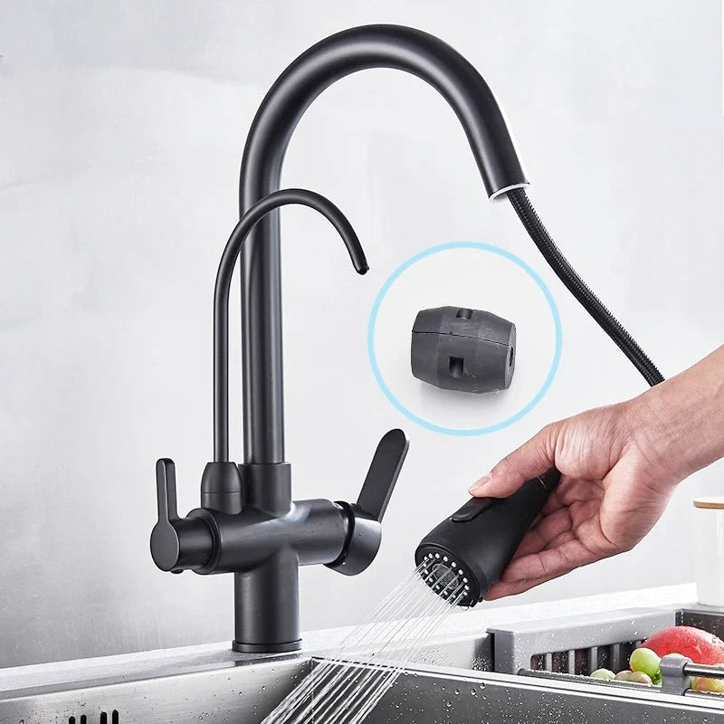 Robinet mitigeur de cuisine noir 3 voies avec eau filtrée – double commande et bec rotatif 360° - Focett