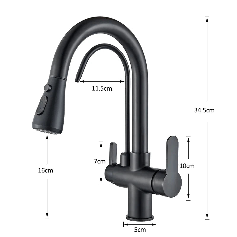 Robinet mitigeur de cuisine noir 3 voies avec eau filtrée – double commande et bec rotatif 360° - Focett
