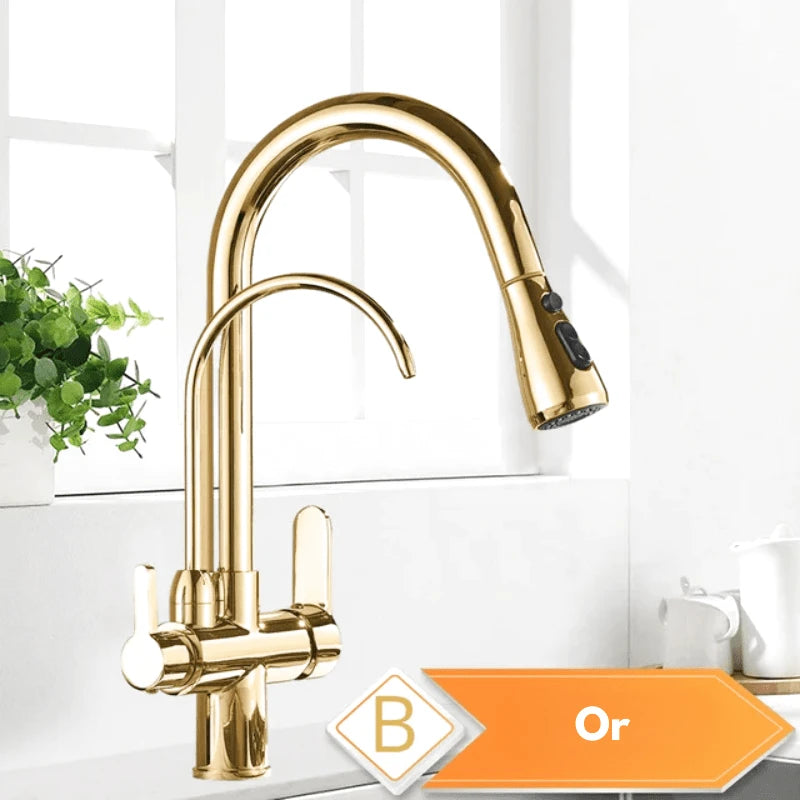 Robinet mitigeur de cuisine noir 3 voies avec eau filtrée – double commande et bec rotatif 360° - Focett