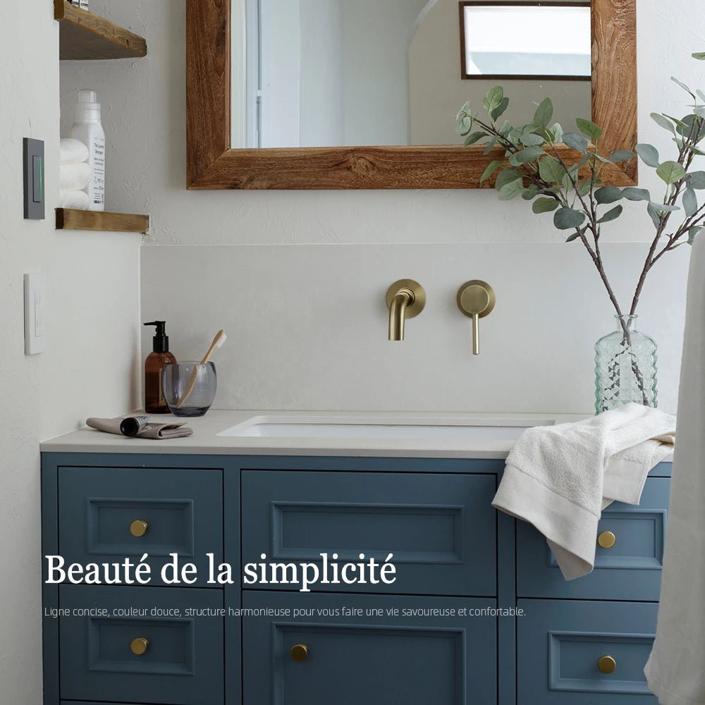 Robinet mitigeur salle de bain mural or avec bec rond – Contrôle précis température & débit - Focett