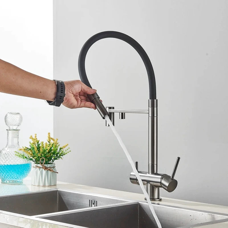 Robinet mitigeur de cuisine gris mat double bec avec eau filtrée – laiton massif, contrôle séparé et rotation 360° - Focett