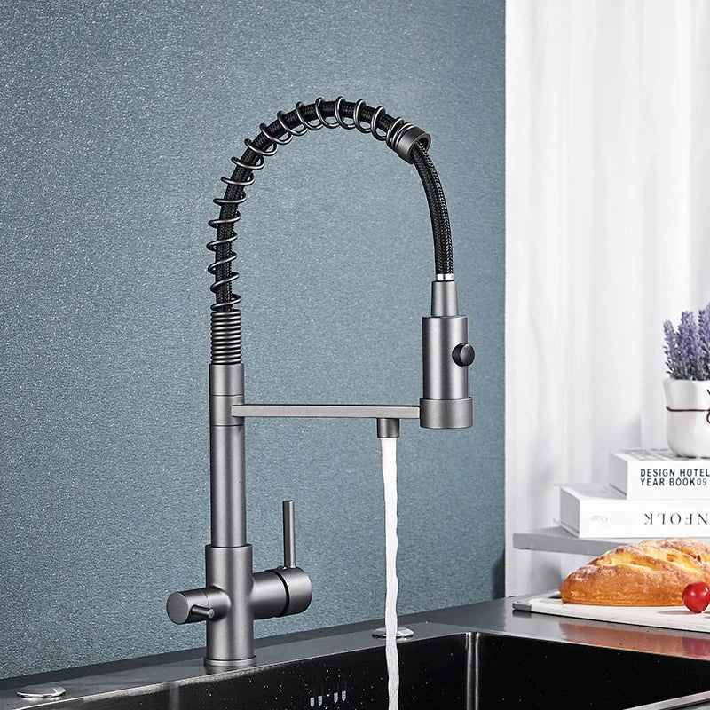 Mitigeur de cuisine gris mat double bec avec eau filtrée – laiton massif, contrôle séparé et rotation 360° - Focett