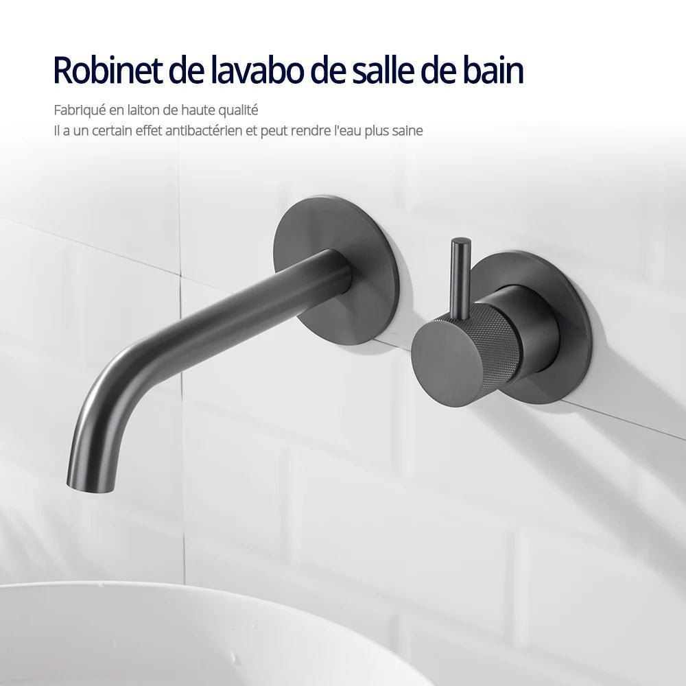 Robinet mural encastrable gris métallique pour salle de bain – design en laiton massif avec poignée moletée ou engrenage - Focett