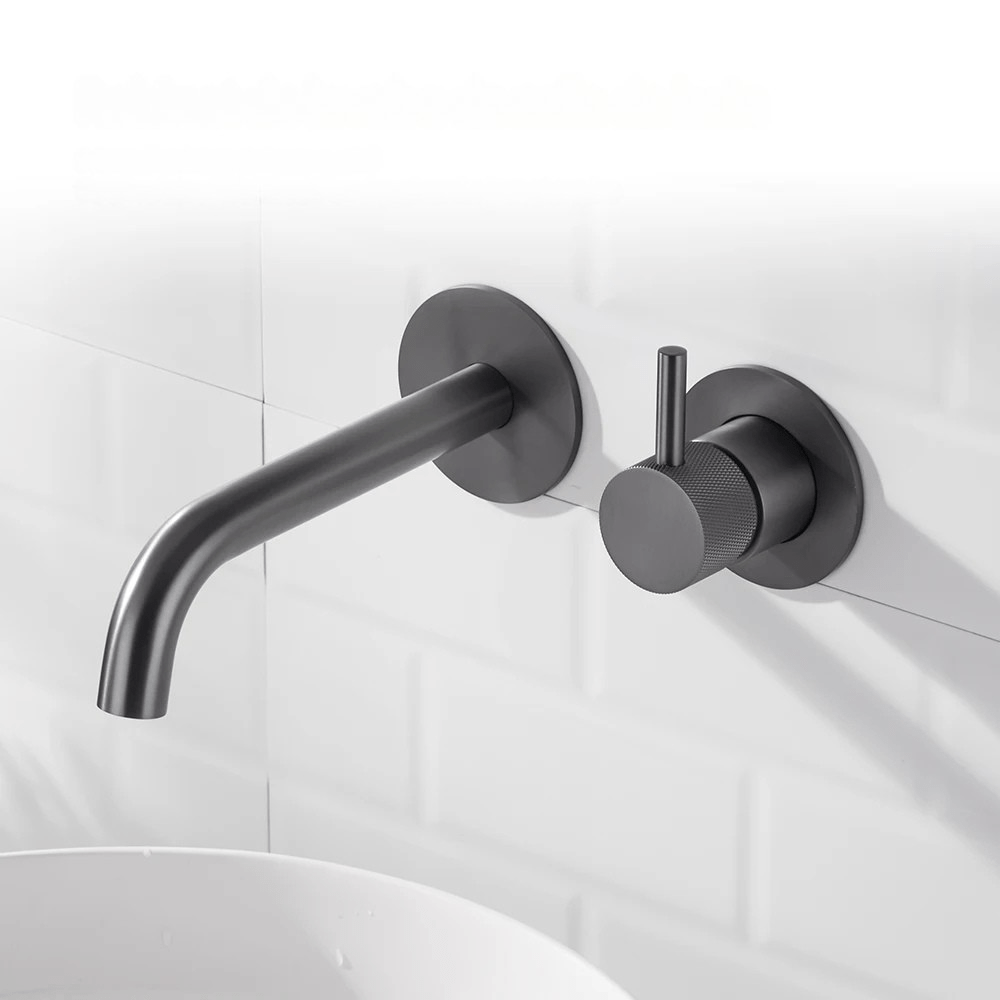Robinet mural encastrable gris métallique pour salle de bain – design en laiton massif avec poignée moletée ou engrenage - Focett