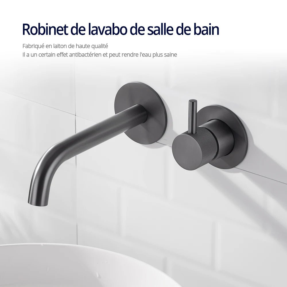 Robinet mural encastrable gris métallique pour salle de bain – design en laiton massif avec poignée moletée ou engrenage - Focett