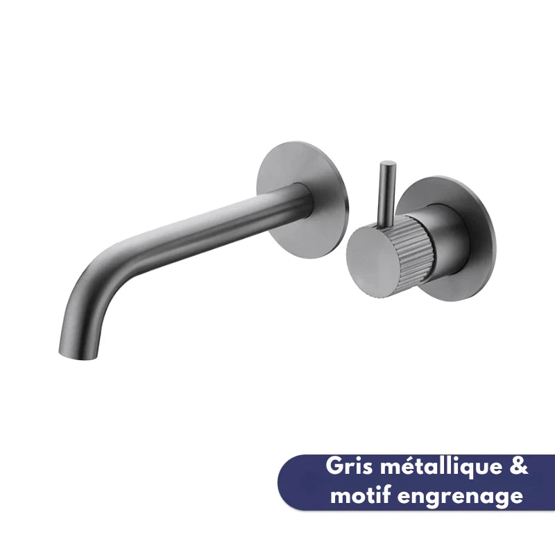 Robinet mural encastrable gris métallique pour salle de bain – design en laiton massif avec poignée moletée ou engrenage - Focett