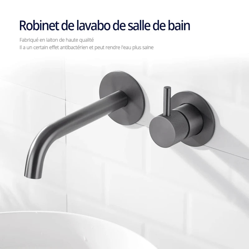 Robinet mural encastrable gris métallique pour salle de bain – design en laiton massif avec poignée moletée ou engrenage - Focett
