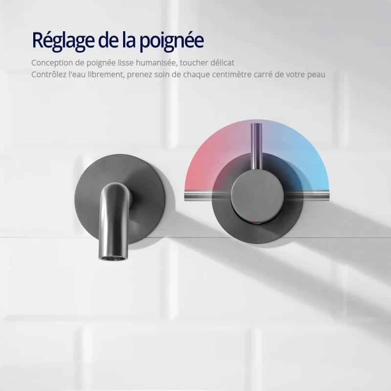 Robinet mural encastrable gris métallique pour salle de bain – design en laiton massif avec poignée moletée ou engrenage - Focett
