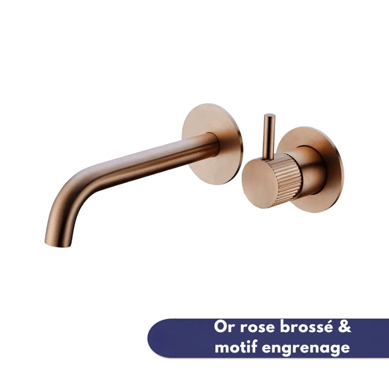 Robinet mural encastrable gris métallique pour salle de bain – design en laiton massif avec poignée moletée ou engrenage - Focett